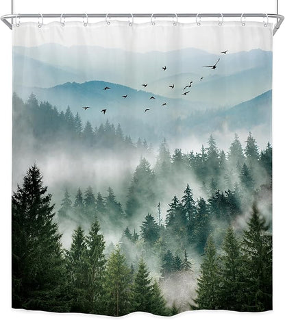 Riyidecor Green Mountain Shower Curtain 72Wx84H Inch Extra Long Nature Scenery Foggy Pine Tree Scenic Landscape Woodland Rustic Mens Bathroom Decor Fabric Polyester Waterproof 12 Pack Hooks