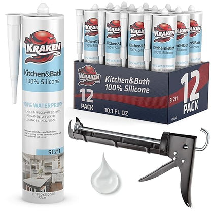 Kraken Bond Premium Kitchen and Bathroom Silicone Caulk Clear - (12x10.1 fl.oz) RTV Clear Silicone Sealant Waterproof for Kitchen, Bathroom, Shower, Sink, Anti Shrink 100% Silicone Caulking | 12 Pack