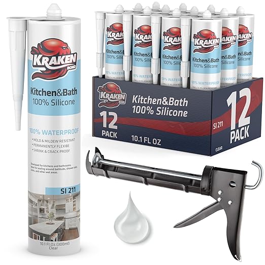Kraken Bond Premium Kitchen and Bathroom Silicone Caulk Clear - (12x10.1 fl.oz) RTV Clear Silicone Sealant Waterproof for Kitchen, Bathroom, Shower, Sink, Anti Shrink 100% Silicone Caulking | 12 Pack