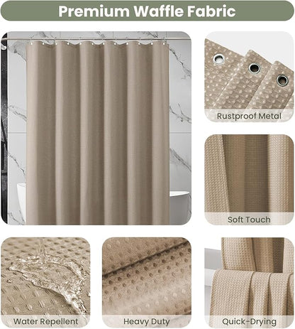 Inhousolu Fabric Shower Curtain Waffle Weave, 230 GSM Heavy Duty, Weighted Hem, 14 Metal Hooks, Water Repellent, Machine Washable, Hotel Spa Luxury Bath Curtain Set, 72 x 78 Inch, Beige