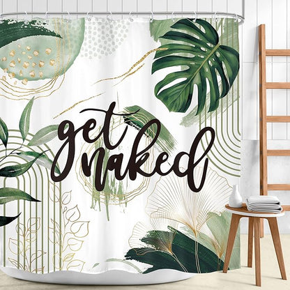 Green Boho Shower Curtain 72Wx72H Sage Green Golden Get Naked Abstract Minimalist Aesthetic Bohemian Bathroom Decor Modern Contemporary Plant Neutral Bath Curtain Fabric Polyester 12 Pack Hooks