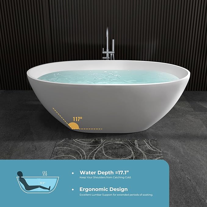 Upgraded 61" Solid Surface Freestanding Bathtub, Oval Stone Resin Tub with Overflow and Pop-up Drain, Matte White