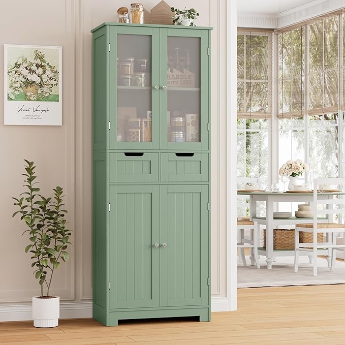 HORSTORS 67" Tall Bathroom Storage Cabinet, Freestanding Storage Cabinet with Glass Door and Shelves, Kitchen Pantry Linen Cabinet with 2 Drawers for Bathroom, Living Room, Dining Room, Green