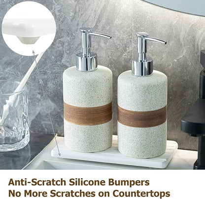 2-Pack Ceramic Soap Dispensers Set, Includes Stainless Steel Pump, Silicone Funnel and Diatomaceous Tray, Hand Soap, Dish Soap, Shampoo and Conditioner Dispenser for Bathroom & Washroom, White