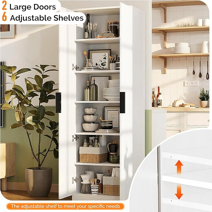 VINGLI 70" Modern Pantry Cabinet with Fluted Doors, 5 Adjustable Shelves, Tall Storage Solution for Kitchen, Dining Room, or Living Room, White