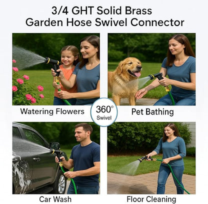 Garden Hose Swivel Connector, 3/4" GHT Brass Swivel Hose Connector, 360° Male to Female Hose Adapter, Anti-Kink Garden Hose Fittings, No-Leak Design with Washer and PTFE Tape