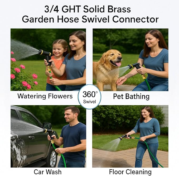 2 Pack Garden Hose Swivel Connector, 3/4" GHT Brass Swivel Hose Connector, 360° Male to Female Hose Adapter, Anti-Kink Garden Hose Fittings, No-Leak Design with Washer and PTFE Tape