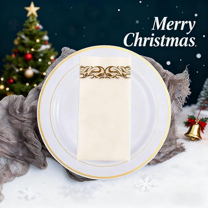 JOLLY CHEF 100 Disposable Hand Towels, Soft and Absorbent Linen Feel Dinner Napkin, Elegant Decorative Paper Guest Towels for Kitchen, Bathroom,Thanksgiving, Weddings,Parties, Gold and White