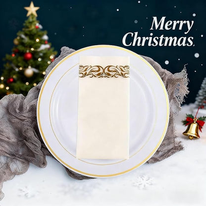 JOLLY CHEF 100 Disposable Hand Towels, Soft and Absorbent Linen Feel Dinner Napkin, Elegant Decorative Paper Guest Towels for Kitchen, Bathroom,Thanksgiving, Weddings,Parties, Gold and White
