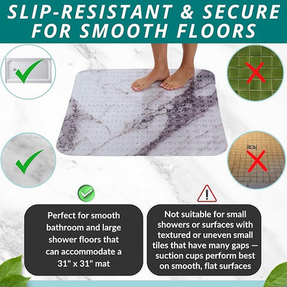ENKOSI Extra Large Square Non Slip Shower Mat - 31 x 31-inch XL Bathroom Shower Mat - Square Shower Matts for Shower Stall Floors - Secure Suction Cups and Drain Holes (31x31 Marble Grey)
