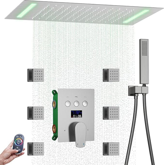 Bathroom shower system Ceiling 14x20 inch shower head, spray with handle, 6 PCS Body Jet and Handheld, temperature display shower faucet set (Brushed Nickel)
