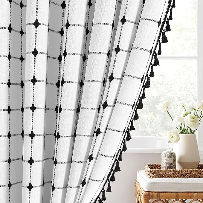 MitoVilla 36 x 72 Small Stall Boho Shower Curtain Set, White Black Narrow Polyester Linen Fabric Shower Curtains for Farmhouse Bathroom Decor, Half Size Cloth Shower Curtain Set with Hooks