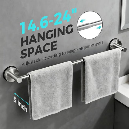 Adjustable Suction Cup Towel Bar for Bathroom Wall,14.6Inch~24 Inch Towel Racks for Bathroom,Stainless Steel Bath Towel Holder for Shower,2 Pack(Brushed Silver)