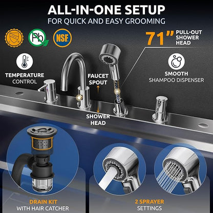 KANIS Black Line Professional Dog Washing Station - 304 Stainless Steel Pet Wash Sink & Grooming Bathtub w/Shower, Floor Grates and Storage for Large, Medium & Small Pets (61", 1 Drawers - Right Ramp)