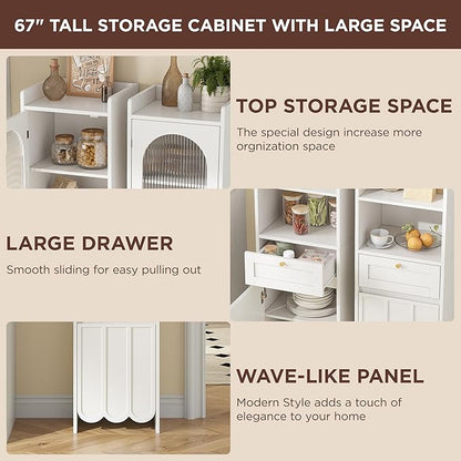 Maupvit 68” Tall Slim Bathroom Storage Cabinet, Narrow Cabinet with Drawer and Fluted Glass Door, Wave-Like Panel, 3-Tier Adjustable Shelves, 14.9" Wide for Small Space, 8 Compartments, White