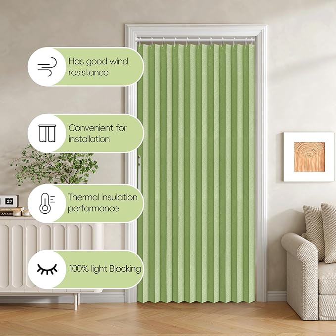 Accordian Door Curtain, 100% Blackout Folding Magnetic Doorway Curtains,Linen Style Closet Doors,for Room Divider,Privacy Protection（W52 x L78,Green,1 Panel）