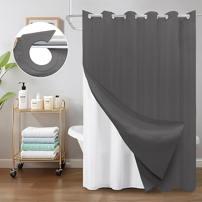 Inhousolu No Hook Waffle Weave Shower Curtain with Removable Snap in Fabric Liner Set for Bathroom, 230 GSM Heavy Duty Weighted Hem, Water Repellent Washable Bath Curtains, 72 x 84 Inch, Graphite Grey