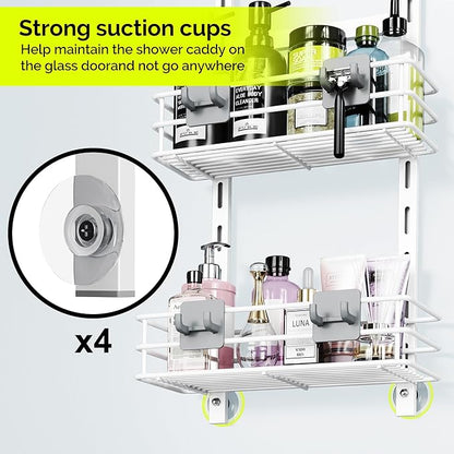 Orimade Over The Door Shower Caddy Adjustable 3 Tier White,Bathroom Hanging Organizer Shelf Rustproof with 4 Hooks,Shower Basket with Soap Holder and Suction Cup