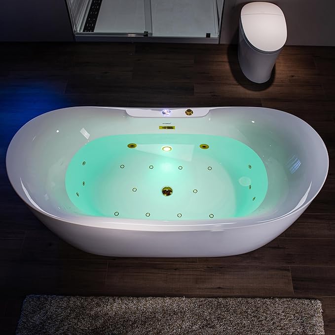 WOODBRIDGE 72" x 35-3/8" Whirlpool and Air Bath Heated Soaking Combination Tub with Adjustable Speed Air Blower and Display Control Panel, Brushed Gold Finish Trim and Drain Kit, BG400
