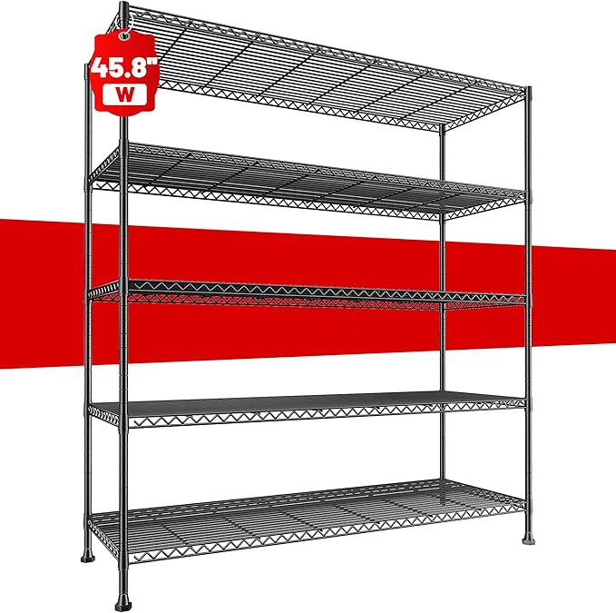 REIBII 45.8“W Metal Shelving Storage Shelves, 5-Tier Wire Shelving Unit,Heavy Duty Garage Shelving, Adjustable Storage Rack for Restaurant Pantry Kitchen Dining Room Supermarket Commercial Black
