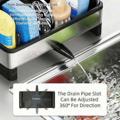 Stainless Steel Sink Caddy Organizer with Auto-Drain & Removable Brush Holders Rustproof Sponge Holder for Kitchen Sink, Countertop Storage for Soap Dispenser,Dishcloth & Kitchen Accessories