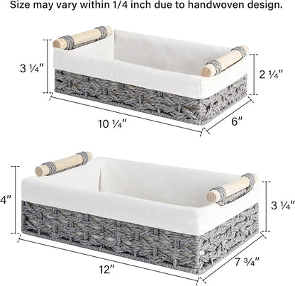 StorageWorks Storage Basket for Organizing, Small Wicker Baskets with Natural Fiber Liner, Toilet Paper Storage Basket for Countertop, Toilet Tank Top, Grey, Set of 2