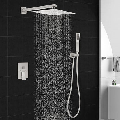 Brushed Nickel Square Shower Head with Handheld Set, Rainfall Shower System Modern Wall Mounted Shower Faucet for Bathroom 12 inch (With Shower Valve)