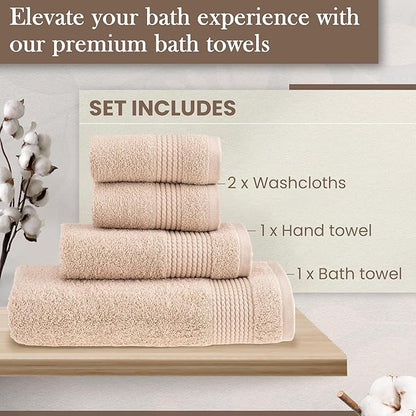 HALLEY Turkish Cotton Towels (Set of 4) 1 Bath Towel 1 Hand Towel 2 Washcloths, Super Soft Highly Absorbent 100% Cotton Towels for Bathroom and Kitchen for Mother’s Day (Tan)