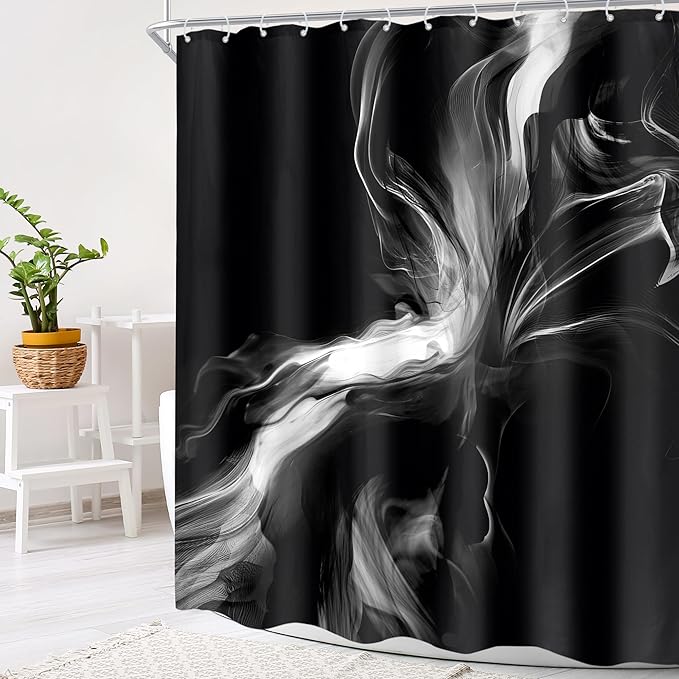 Cinbloo Black 60Wx72H Shower Curtain Abstract Bathroom Decor for Men Modern Ombre White Marble Ink Texture Bathroom Curtain Set Minimalist Neutral Simple Dark Cool Bath Bathroom Accessories Decor