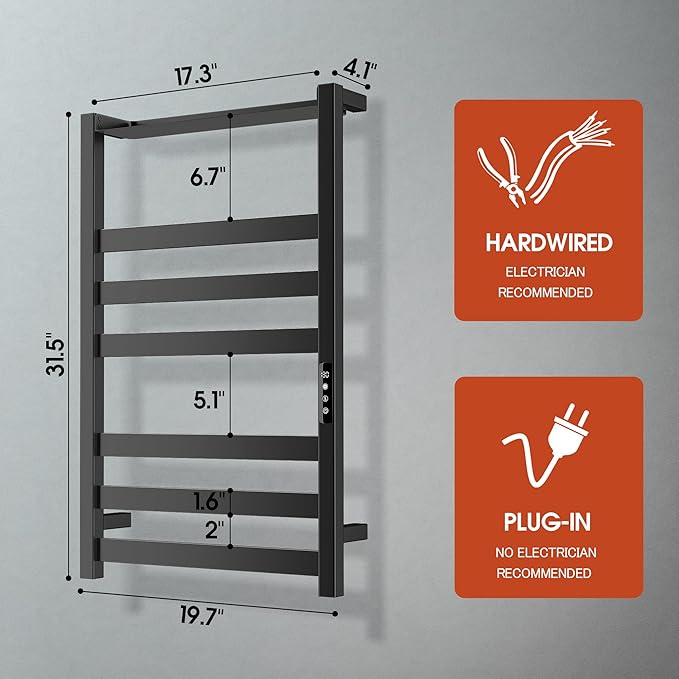 Towel Warmer,Stainless Steel Towel Warmer Rack for Bathroom -6 Bars with Shelf Wall Mounted Towel Heater with Intelligent Touch Screen Timer, Hard Wired/Plug-in, Black
