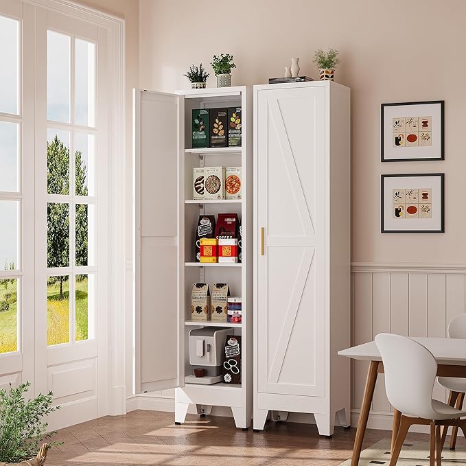 Narrow Bthroom Storage Cabinet Tall Metal Storage Cbinets with 4 Adjustable Shelves Freestanding 5 Tier Slim Pantry Cabinet for Kitchen Office Small Space