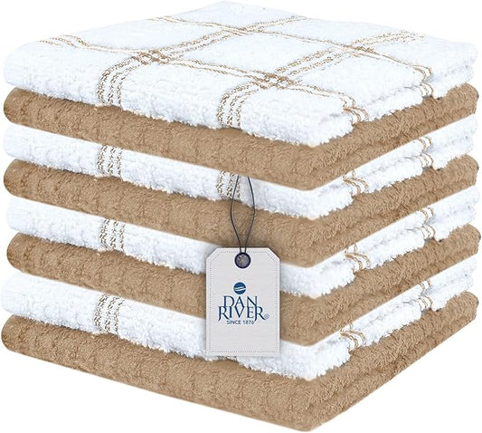 DAN RIVER Premium Dish Cloth 100% Cotton 12 X 12 Inches |Pack of 8|-Ultra Soft Tea Towels-Highly Absorbent Kitchen Rags-Terry Dishcloth for Kitchen and Household Cleaning |Tan|