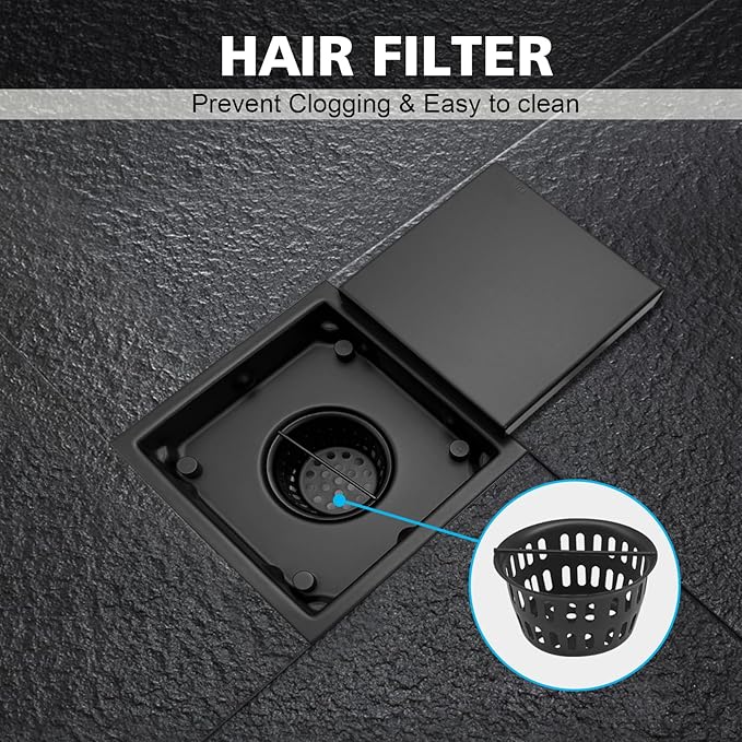 4 Inch Square Shower Drain with Flange, Removeable Grate SUS 304 Stainless Steel Shower Drain with Hair Catcher (Matte Black-1, 4 Inch)