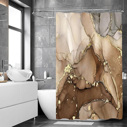 Extra Long Shower Curtain 72 x 96 Inch, Brown Floor to Ceiling X-Long Abstract Marble Shower Curtains for Bathroom, Modern Luxury Art Ink Fabric Shower Curtain Set with Hooks