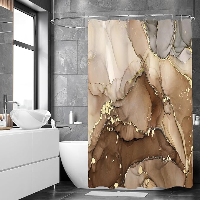 Small Stall Marble Shower Curtain 36 x 72 Inch, Half Narrow Abstract Modern Shower Curtains for Bathroom, Luxury Art Ink Texture Fabric Shower Curtain Set with Hooks, Brown