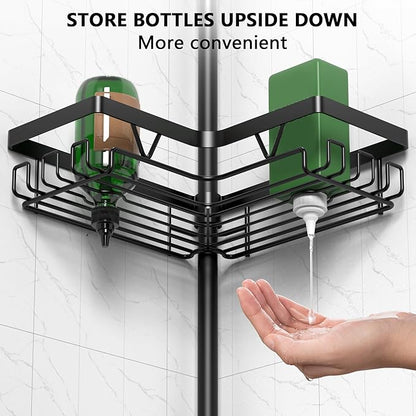 Tension Pole Shower Caddy Corner with 2 Soap Holders, 4 Tier Bathroom Shower Organizer Floor to Ceiling 25-114 inch, Adjustable, Multiple Hooks, Stable Base, Rustproof, Black