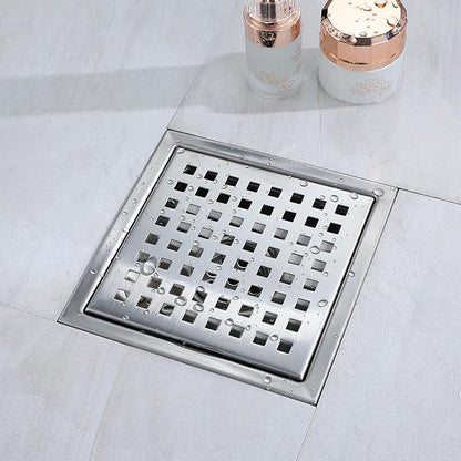 6 Inch Square Shower Floor Drain, Stainless Steel Black Shower Drain Kit with Flange, Floor Drain with Removable Grid Cover,Brushed Nickel