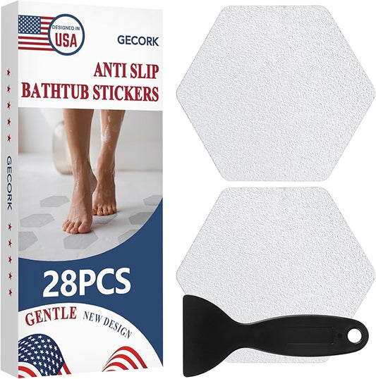 28 PCS Shower Floor Non Slip Stickers with Strong Adhesive, Invisible & Durable Anti Slip Shower Stickers with Scraper for Bath Tub, Pools and Stairs(Clear,Hexagon)