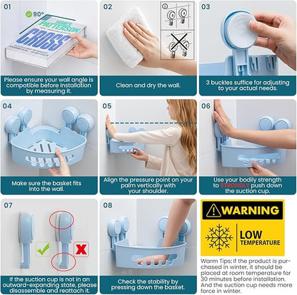 TAILI Corner Shower Caddy with Suction Cups, Wall Mounted Organizer Plastic Rack for Small Bathrooms, Kitchen, Removable Drill-Free Heavy Duty Shelf Basket, BLUE