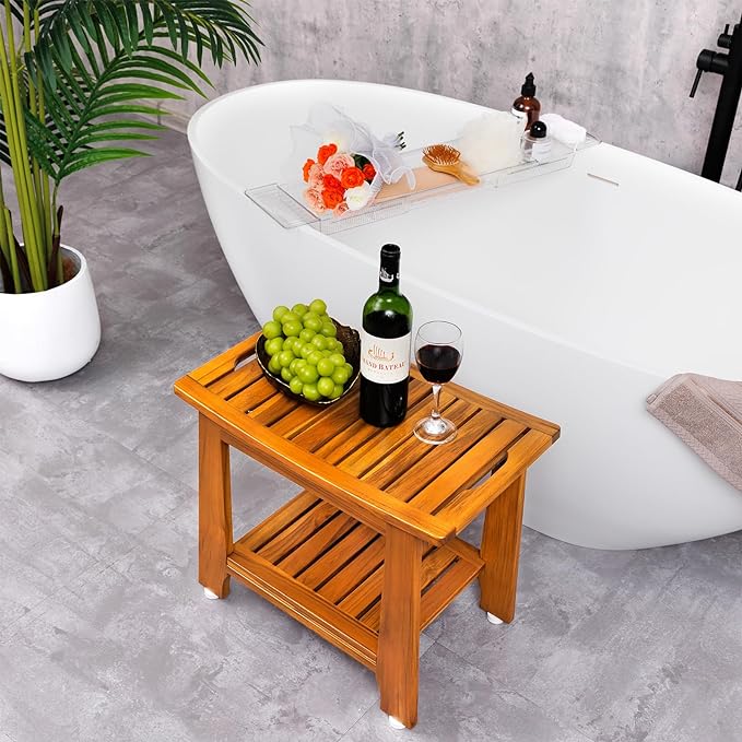 14" Compact Teak Shower Stool with Shelf & Handle - Waterproof, Non-Slip Bath Bench for Small Bathrooms/Outdoor Use, 300 lbs Capacity (Patented)