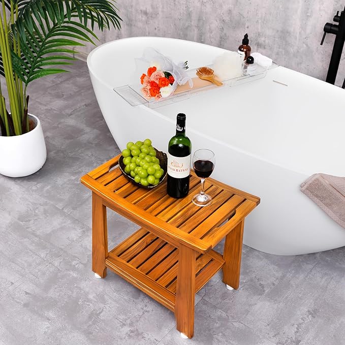 24" Large Teak Shower Bench with Shelf & Handle - Waterproof Spa Stool, Non-Slip Leveling Feet & 300 lbs Capacity - for Showers, Saunas/Steam Rooms & Outdoor Pools (Patented)