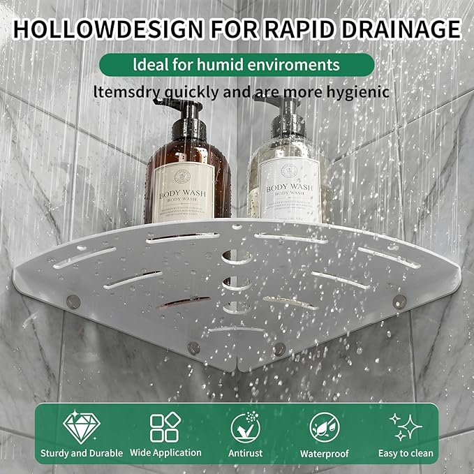 XIHLZYEH Corner Shower Shelves, 2 Pack 304 Stainless Steel Shower Shelf with 6 Hooks 40 lbs Heavy Duty, Durable Wall Mounted Organizer for Bathroom Drilling Installation（White