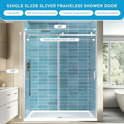 56-60"Wx72"H Frameless Reversible Single Sliding Shower Door, 1/4" Clear SGCC Tempered Glass& Shatter Proof Film , 304 Stainless Steel Hardware, Water Protection Seal Plus Glass-fixing Aluminum Stripe