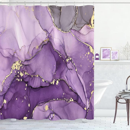 Purple Marble Shower Curtain 60x72, Modern Abstract Fabric Shower Curtains for Bathroom, Luxury Art Ink Texture Watercolor Cloth Shower Curtain Set with Hooks