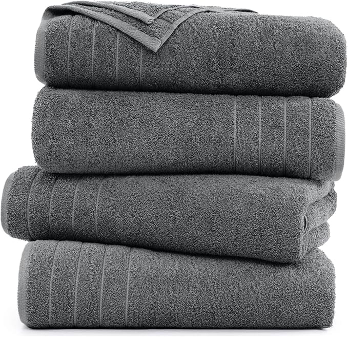 DAN River Extra Large Bath Towels Set of 4, 30 x 60 Inches - 100% Cotton Larger & Lighter Weight Towels for Bathroom - Quicker to Dry, Super Soft & Highly Absorbent Towels for Home, Gray