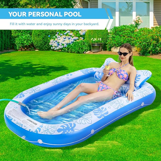 Inflatable Tanning Pool Lounger Float with Cervical Pillow - Pool Floats Adult for Sunbathing, Backyard, Pool Party - Inflate Ball Pit for Babies - Kids Swimming Pool Bed