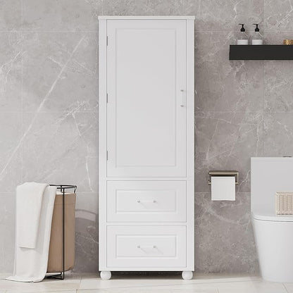 Tall Bathroom Storage Cabinet with Door and Shelves, Kitchen Pantry Linen with 2 Drawers for Home, Living Room, Dining Room, White