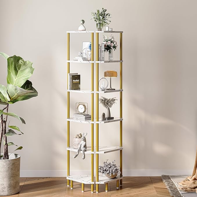 6 Tier Corner Shelf, 66.5'' Tall Standing Shelf, Narrow Display Shelf Stand, Modern Corner Bookshelf, Plant Stand, Corner Bookcase for Living Room, Bedroom, Bathroom, Gold and White LCS502GC