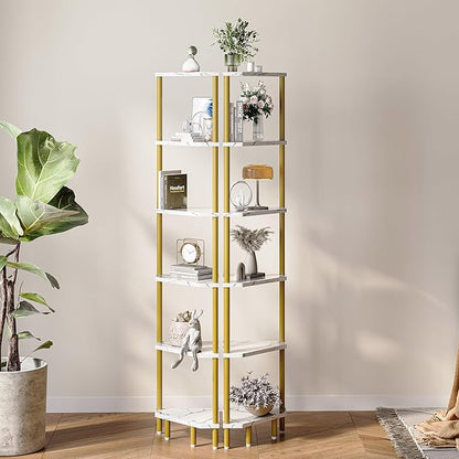 6 Tier Corner Shelf, 66.5'' Tall Standing Shelf, Narrow Display Shelf Stand, Modern Corner Bookshelf, Plant Stand, Corner Bookcase for Living Room, Bedroom, Bathroom, Gold and White LCS502GC