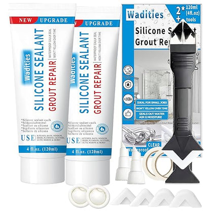 8Oz Clear Waterproof Caulk & Seal Silicone Sealant, Wadities Tile Grout Repair Kit with Grout Remove Scraper, Shrink & Crack Proof for Bathroom, Shower, Kitchen, Floor (4Oz, Pack of 2)